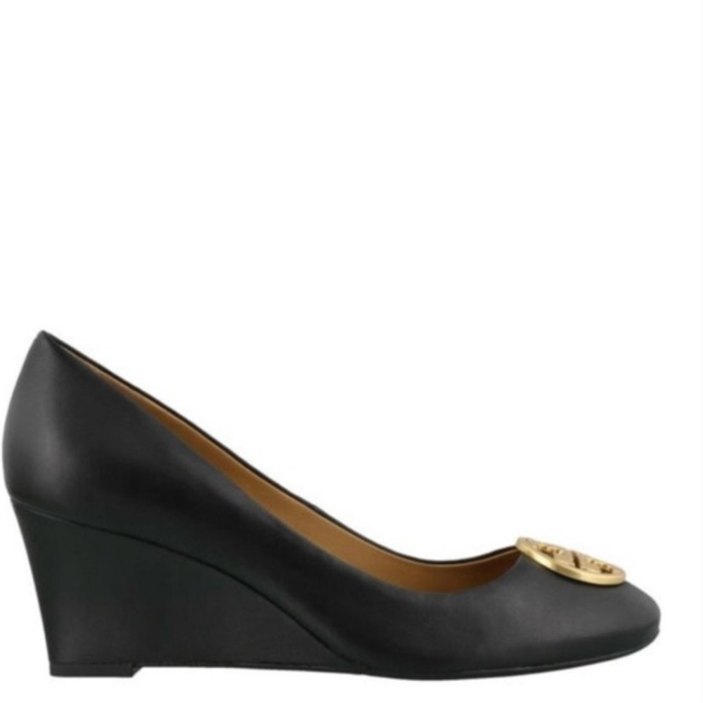 Tory Burch Black Leather Wedge Pumps with Gold Logo